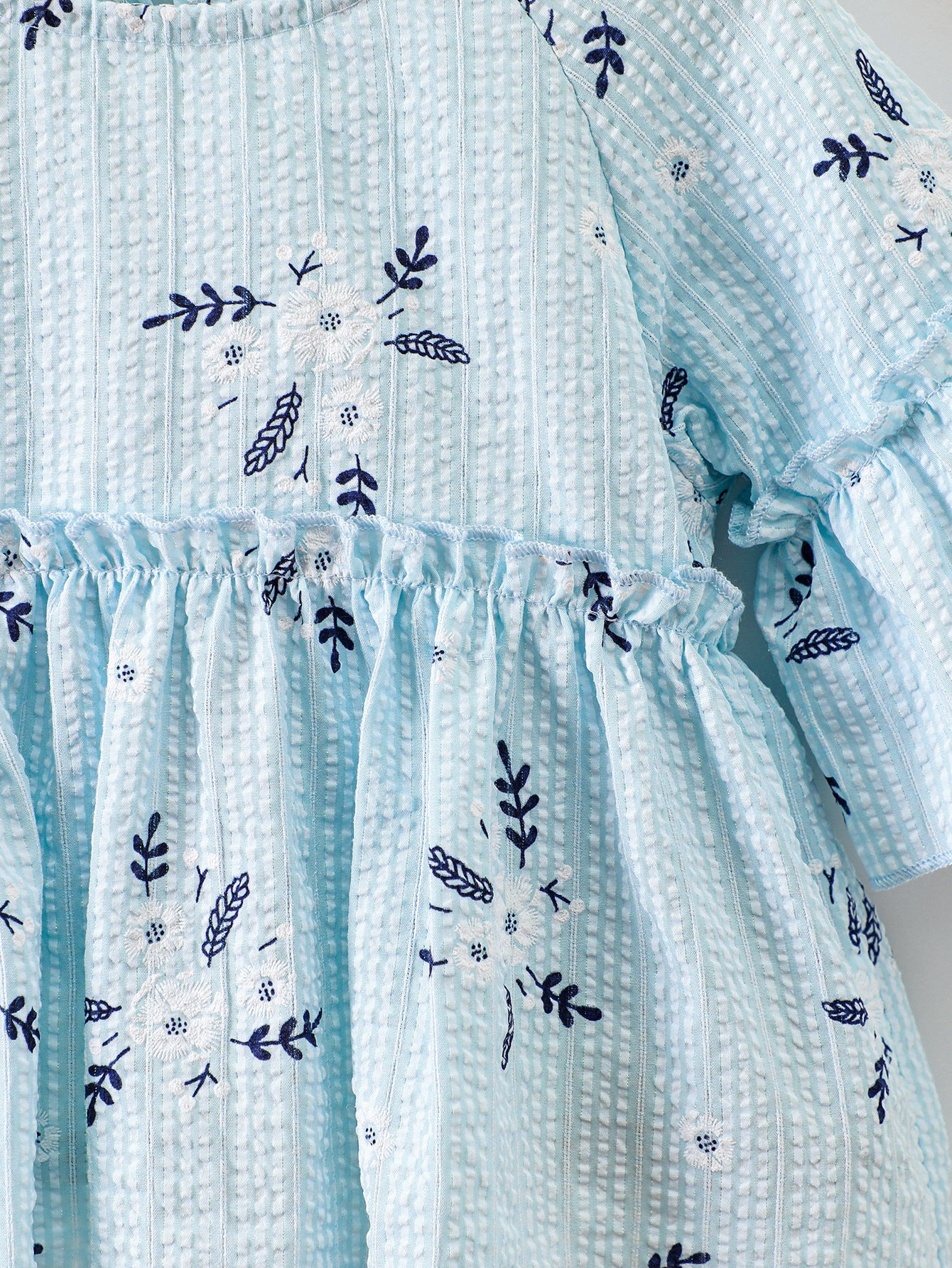 Girls Blue Floral Print Bell Sleeve Layered Fit & Flare Dress