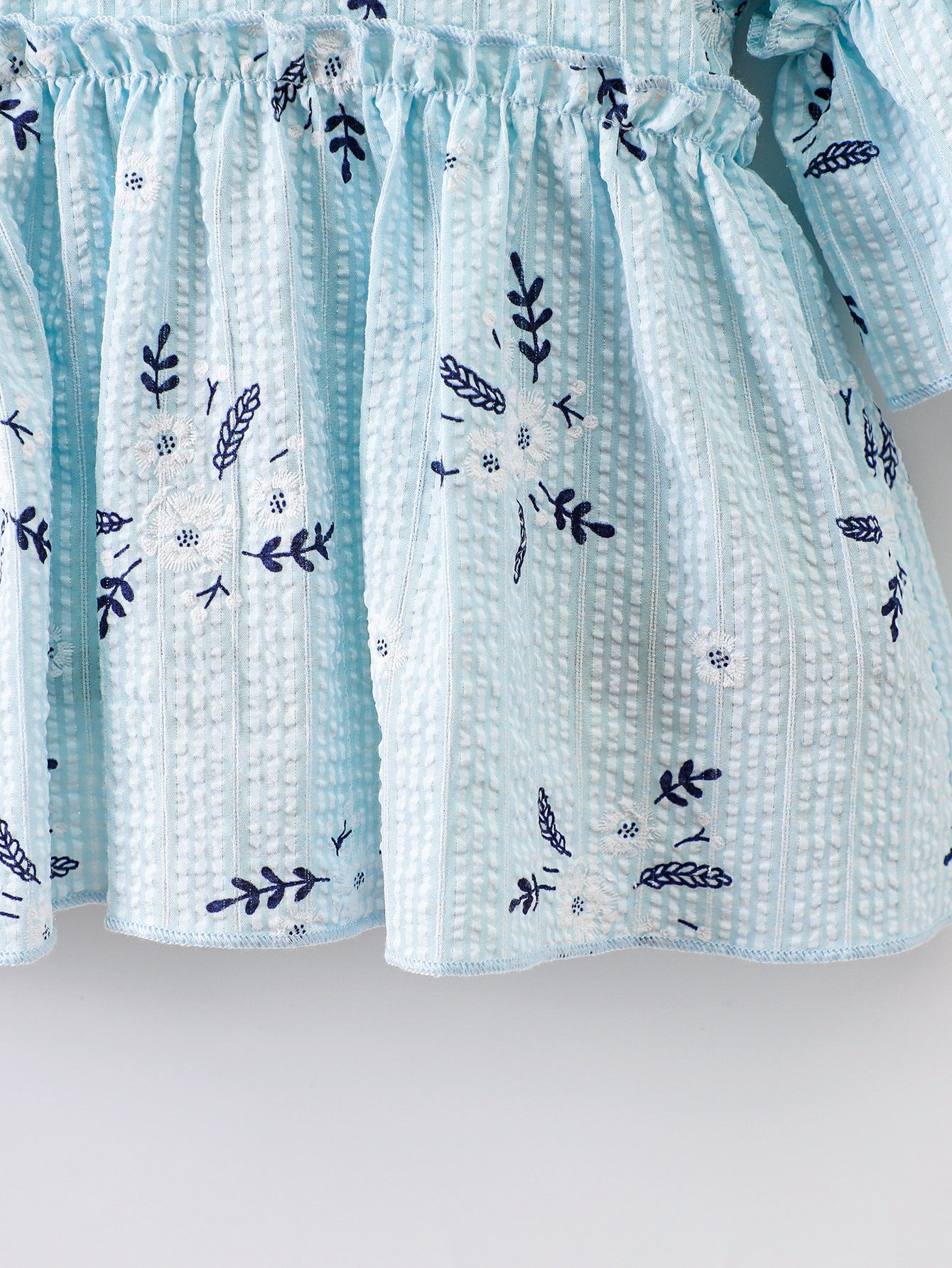 Girls Blue Floral Print Bell Sleeve Layered Fit & Flare Dress
