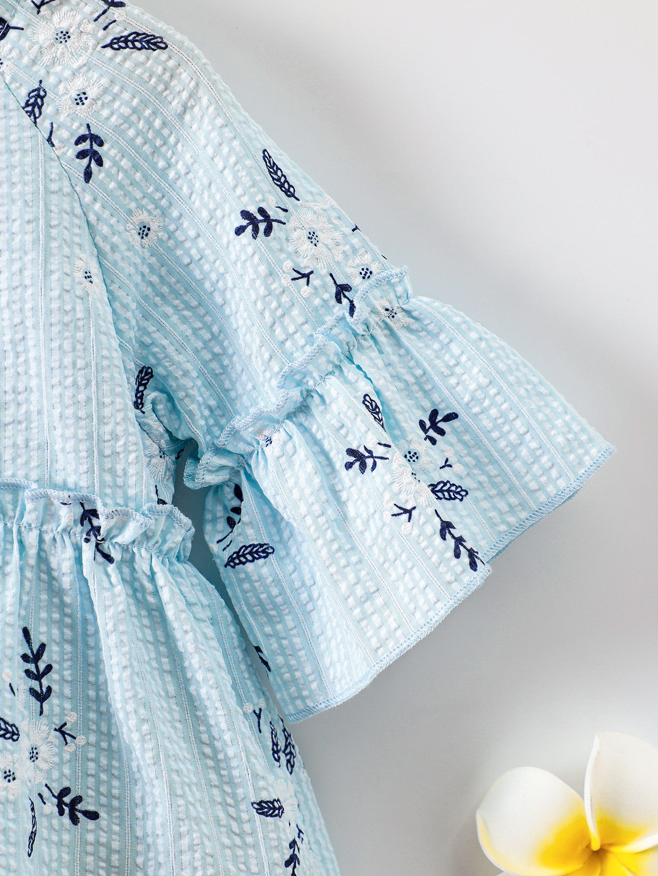 Girls Blue Floral Print Bell Sleeve Layered Fit & Flare Dress