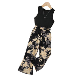 Girls Black & Beige Round Neck Top with Palazzos