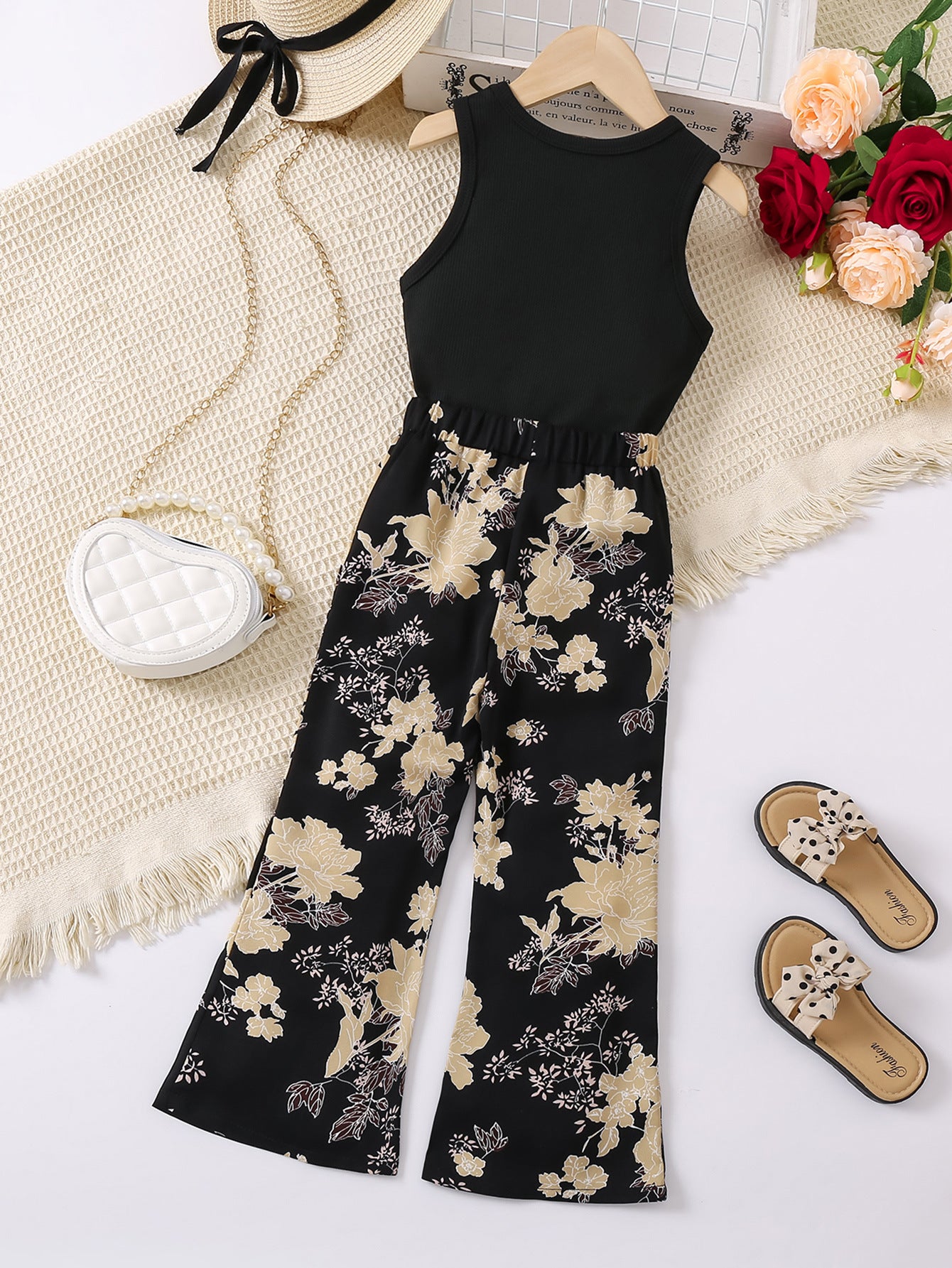 Girls Black & Beige Round Neck Top with Palazzos