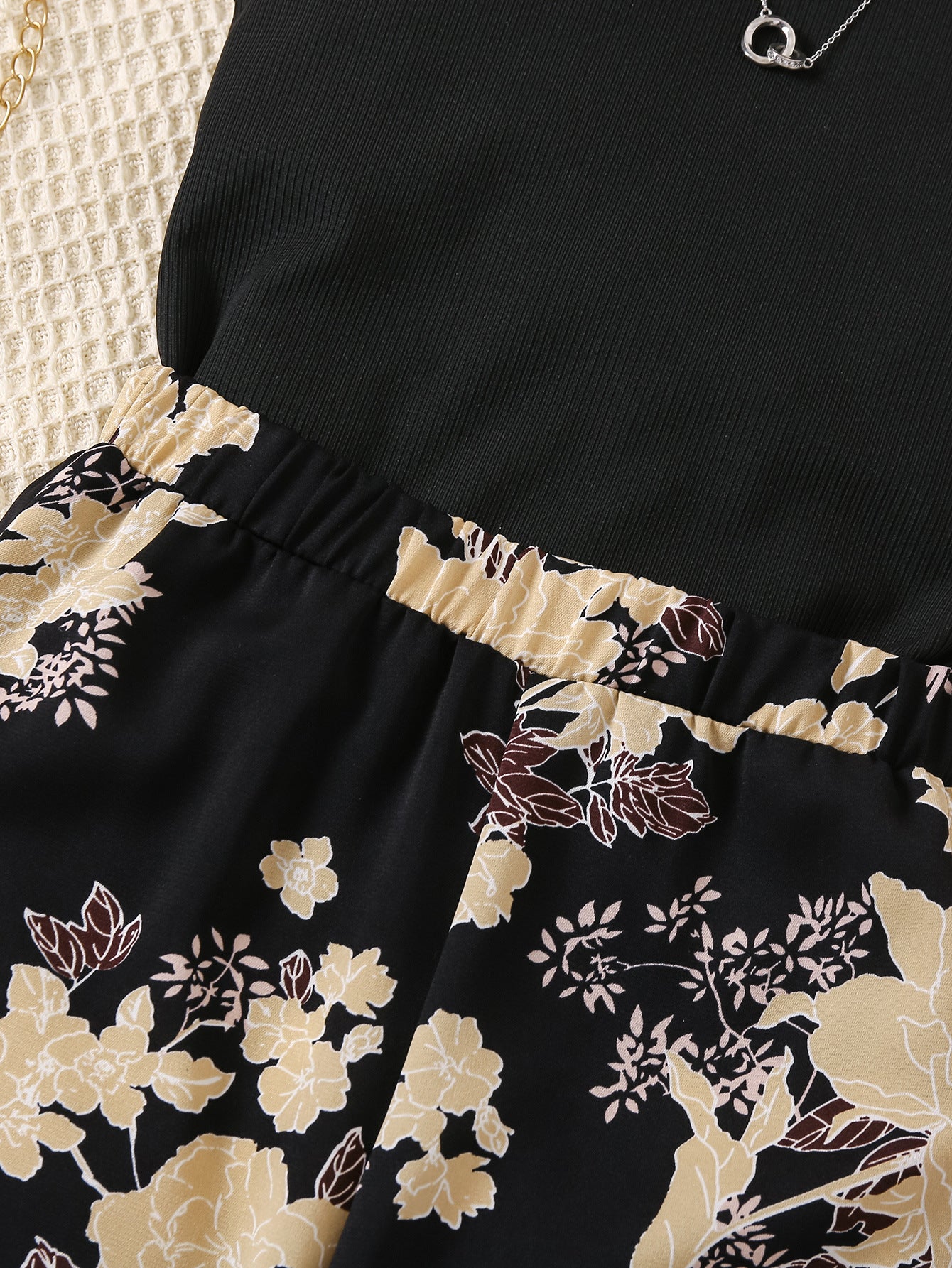 Girls Black & Beige Round Neck Top with Palazzos