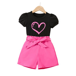 Girls Pink & Black Printed Top with Shorts