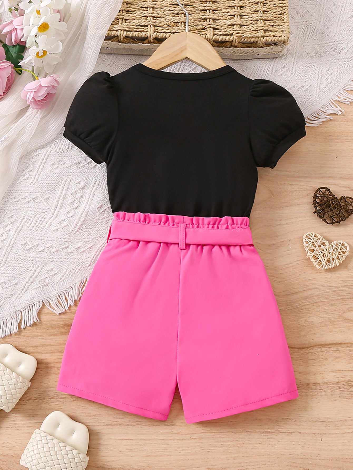 Girls Pink & Black Printed Top with Shorts