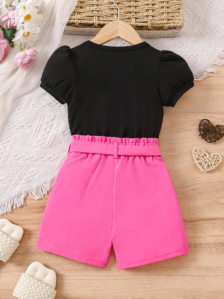 Girls Pink & Black Printed Top with Shorts