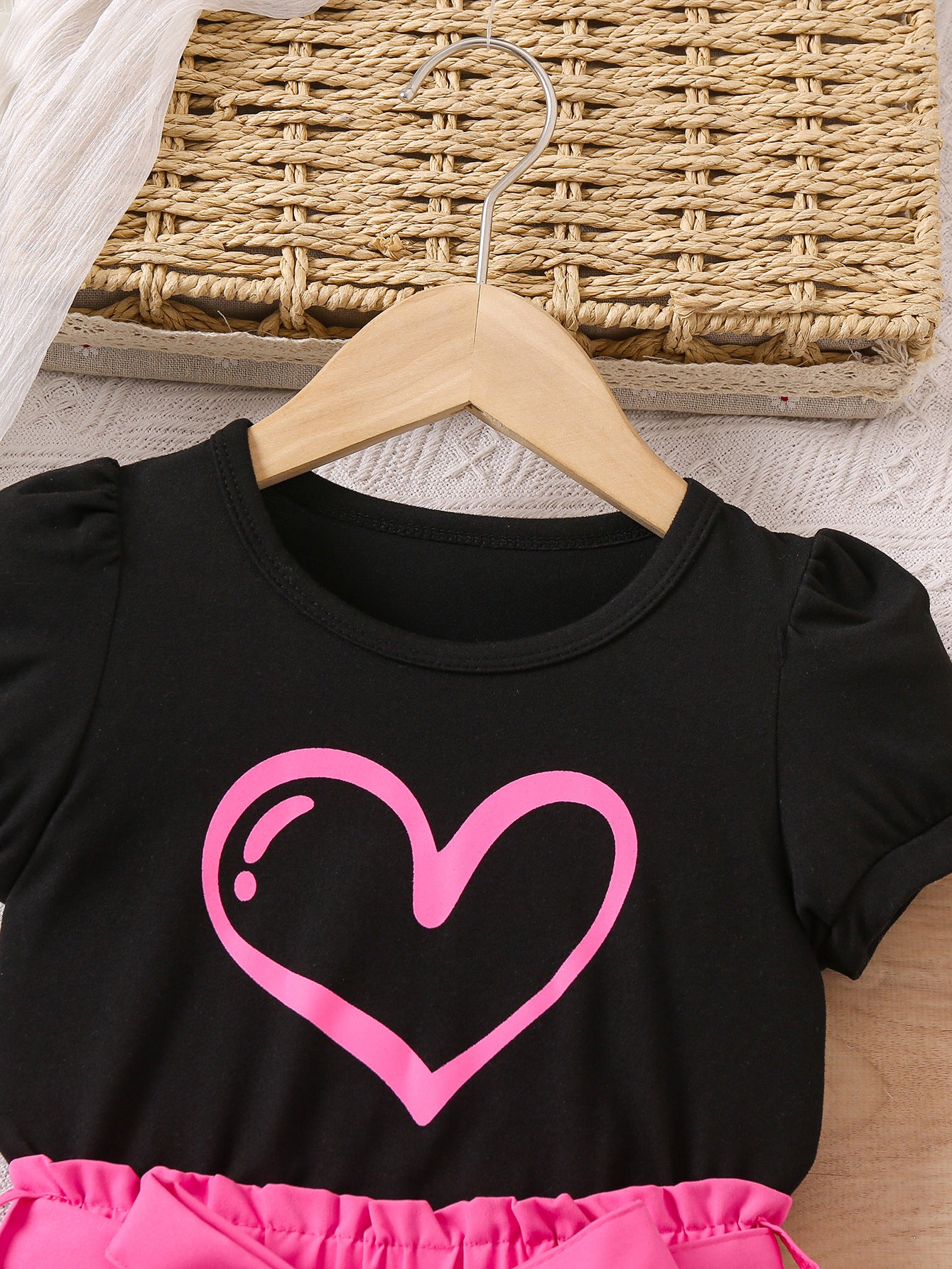 Girls Pink & Black Printed Top with Shorts