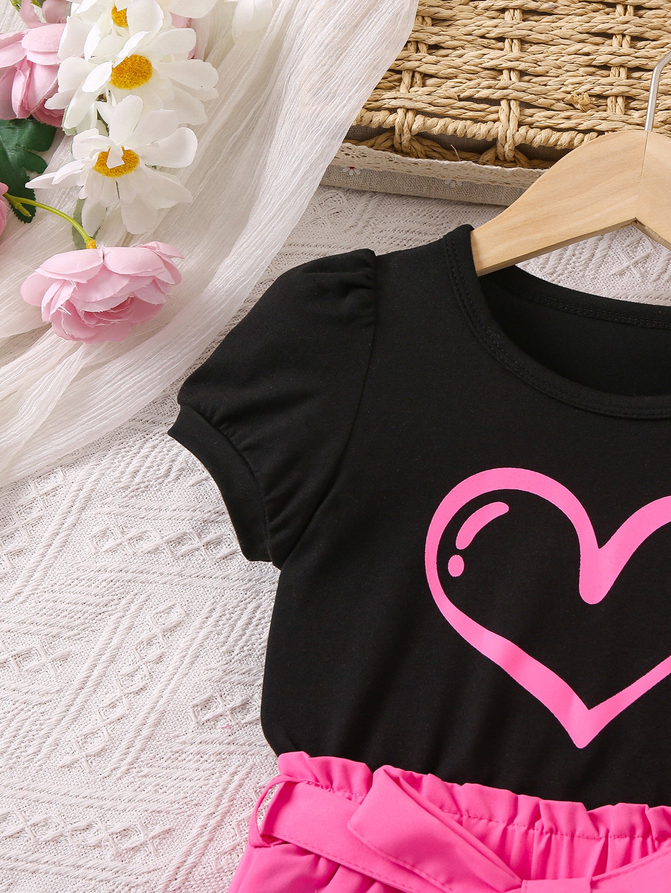 Girls Pink & Black Printed Top with Shorts