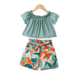 Girls Green & White Round Neck Top with Shorts