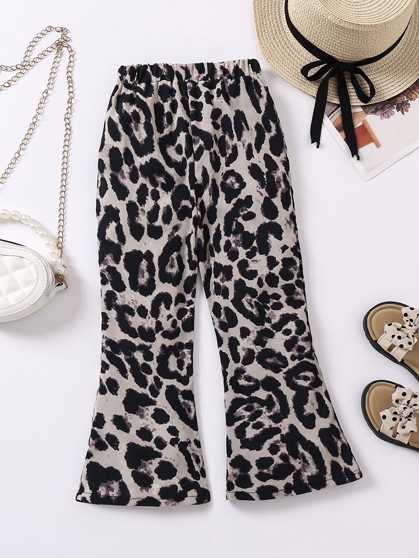 Girls Beige & Back Animal Printed Loose Fit Easy Wash Bootcut Trousers