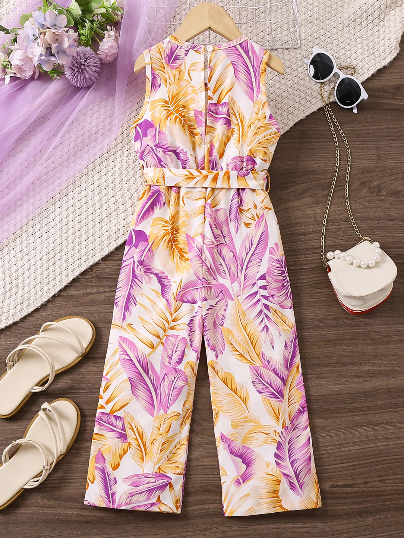Girls Floral Printed Waist Tie Ups Basic Jumpsuit