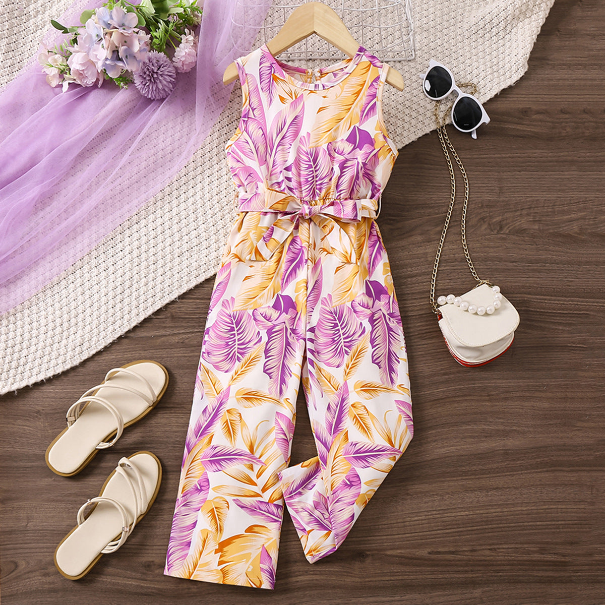 Girls Floral Printed Waist Tie Ups Basic Jumpsuit