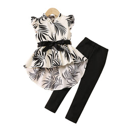 Girls Black & White Printed Top with Leggings