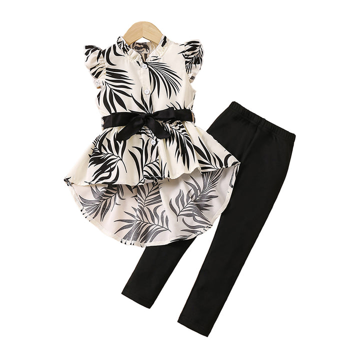 Girls Black & White Printed Top with Leggings