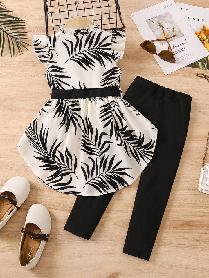 Girls Black & White Printed Top with Leggings