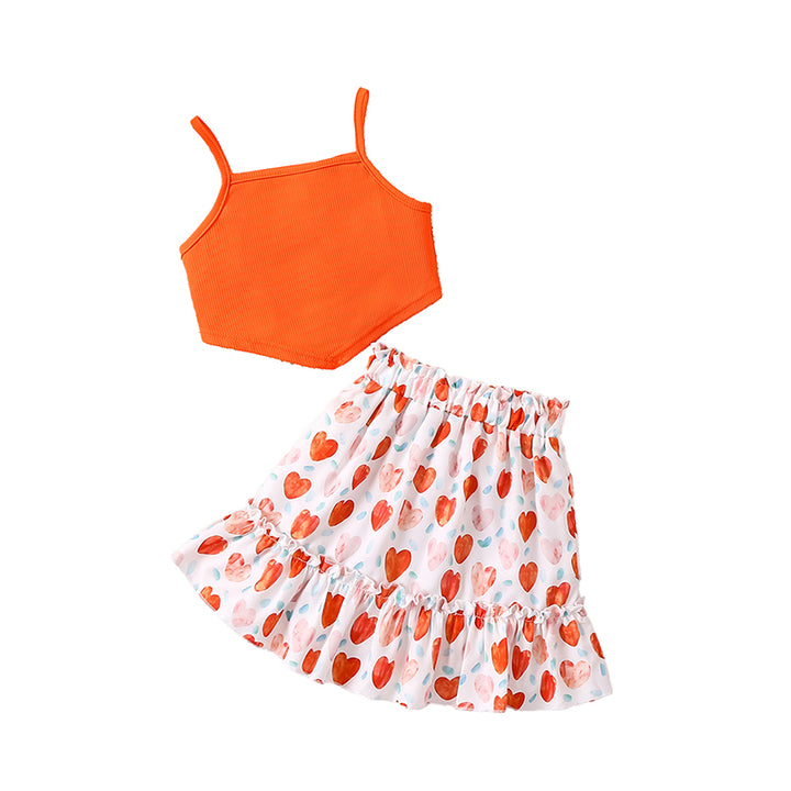 Girls Orange & White Shoulder Straps Top with Skirt