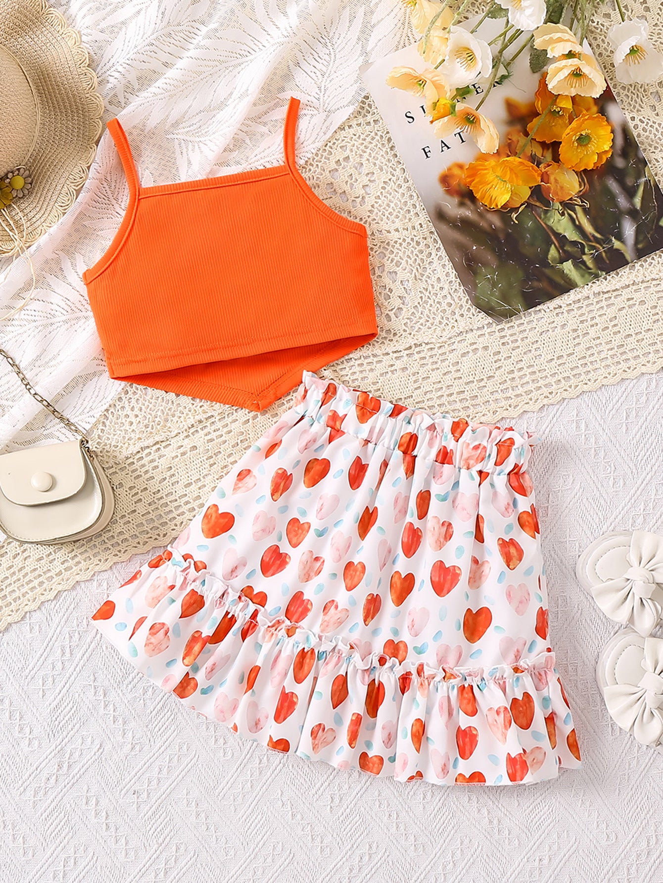 Girls Orange & White Shoulder Straps Top with Skirt
