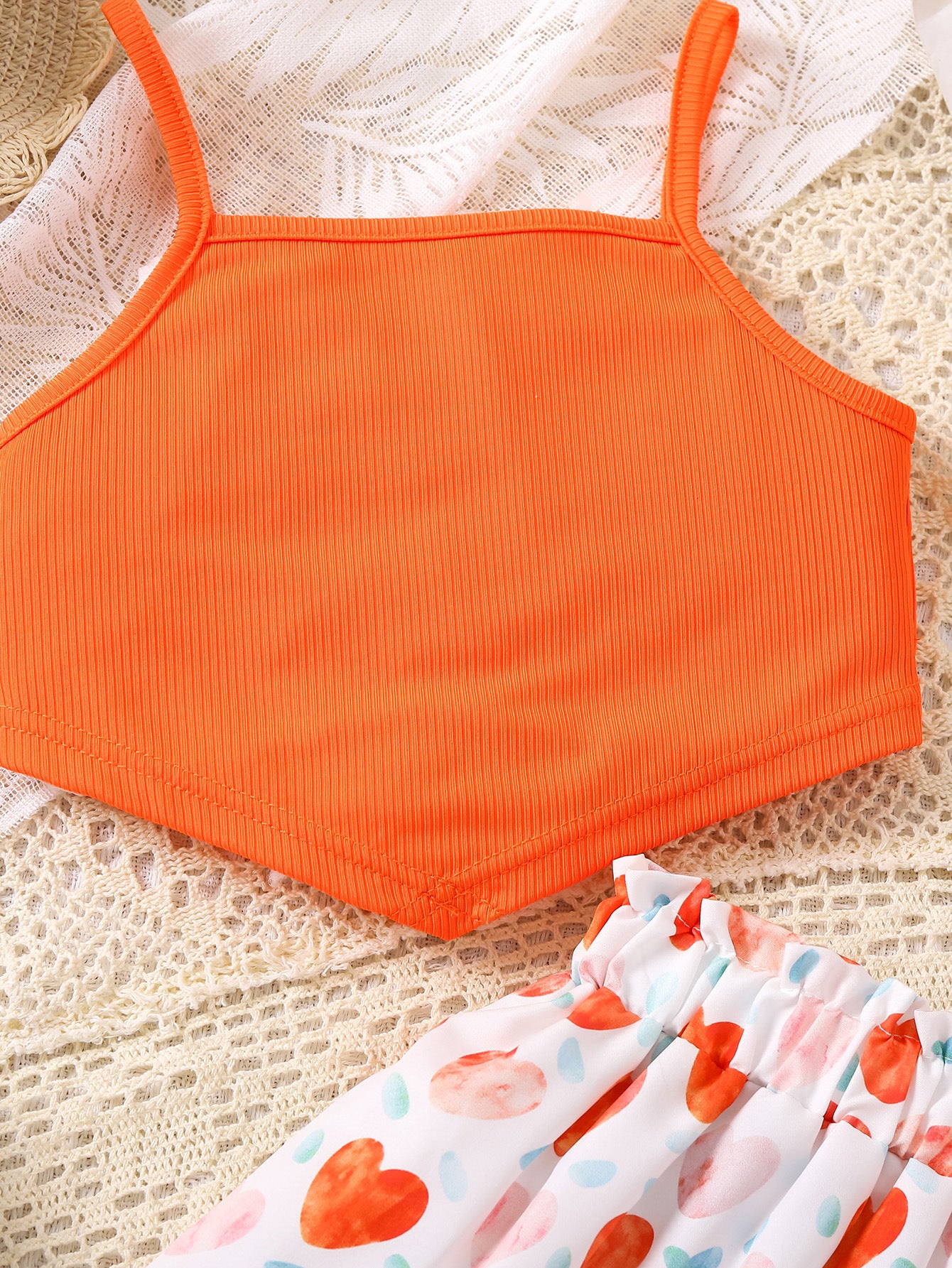 Girls Orange & White Shoulder Straps Top with Skirt