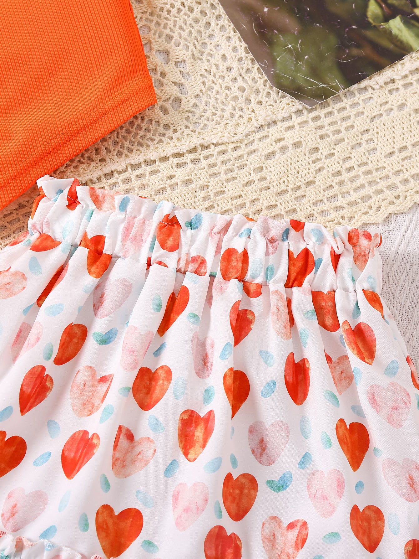 Girls Orange & White Shoulder Straps Top with Skirt