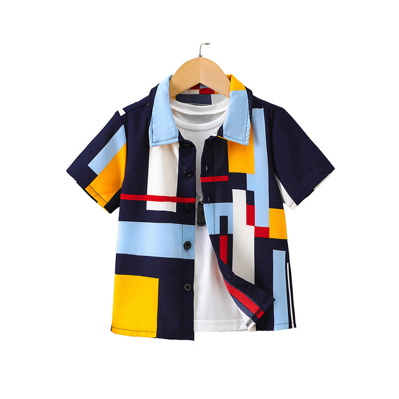 Boys Spread Collar Short Sleeves Geometric Printed Casual Shirt