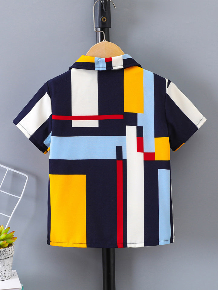 Boys Spread Collar Short Sleeves Geometric Printed Casual Shirt