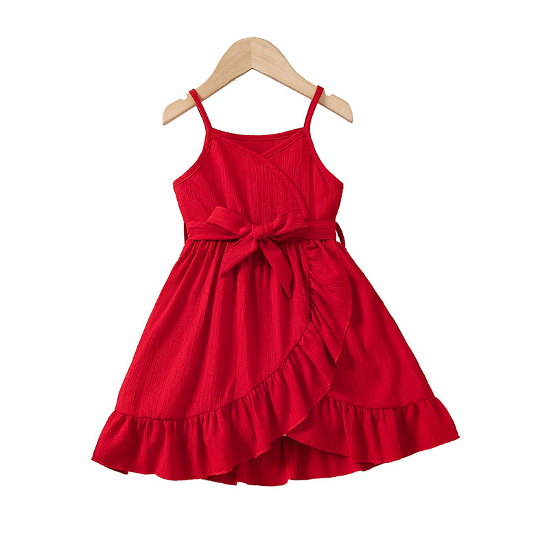 Girl Red Shoulder Straps Tie-Ups Wrap Dress