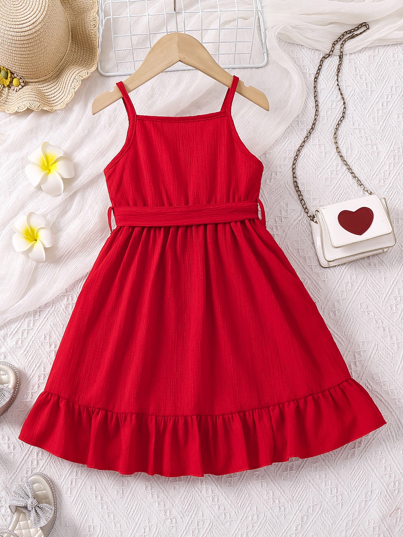Girl Red Shoulder Straps Tie-Ups Wrap Dress