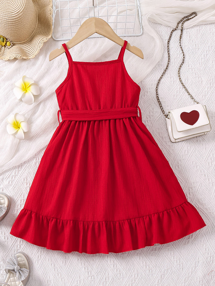 Girl Red Shoulder Straps Tie-Ups Wrap Dress