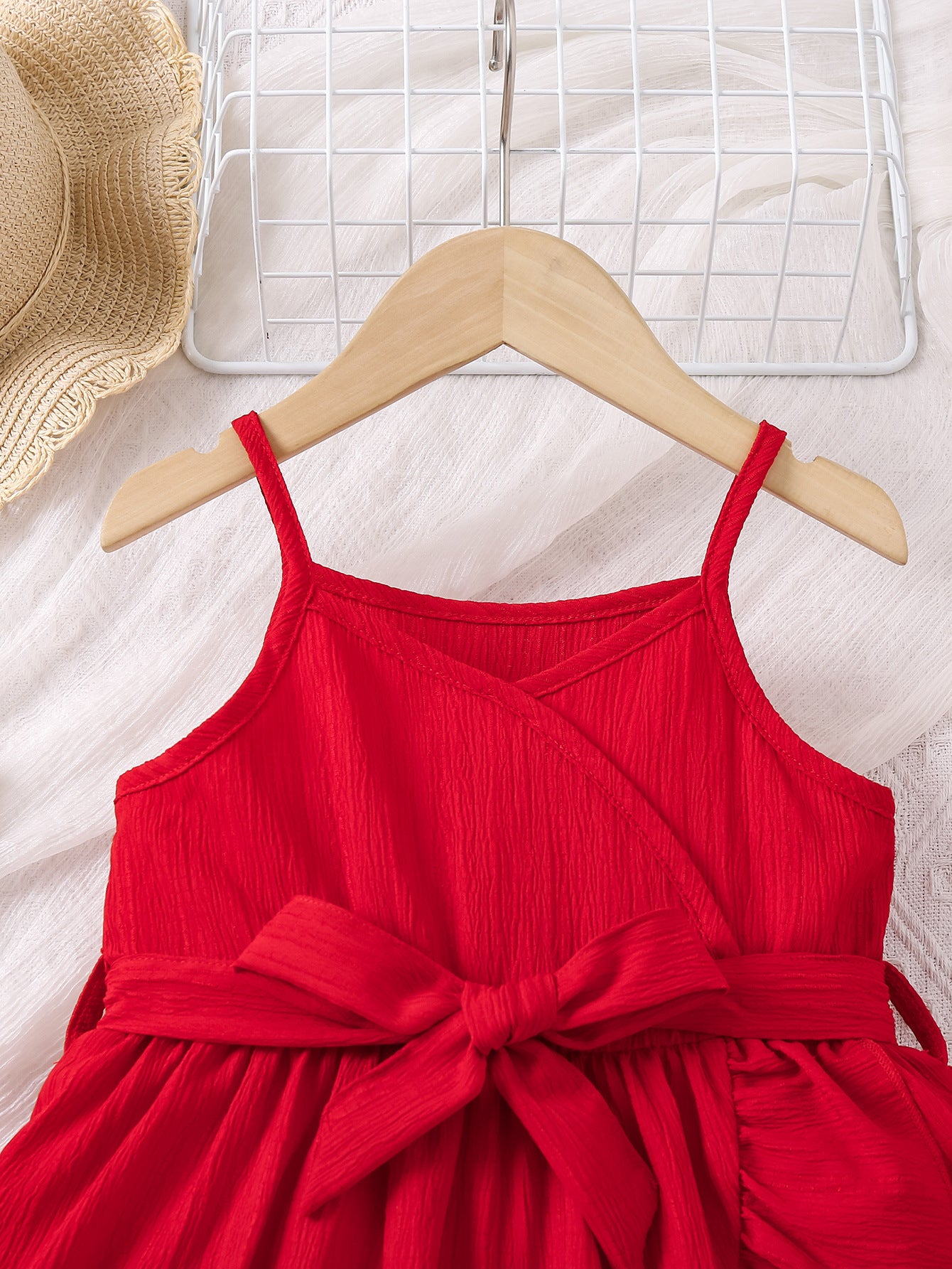 Girl Red Shoulder Straps Tie-Ups Wrap Dress