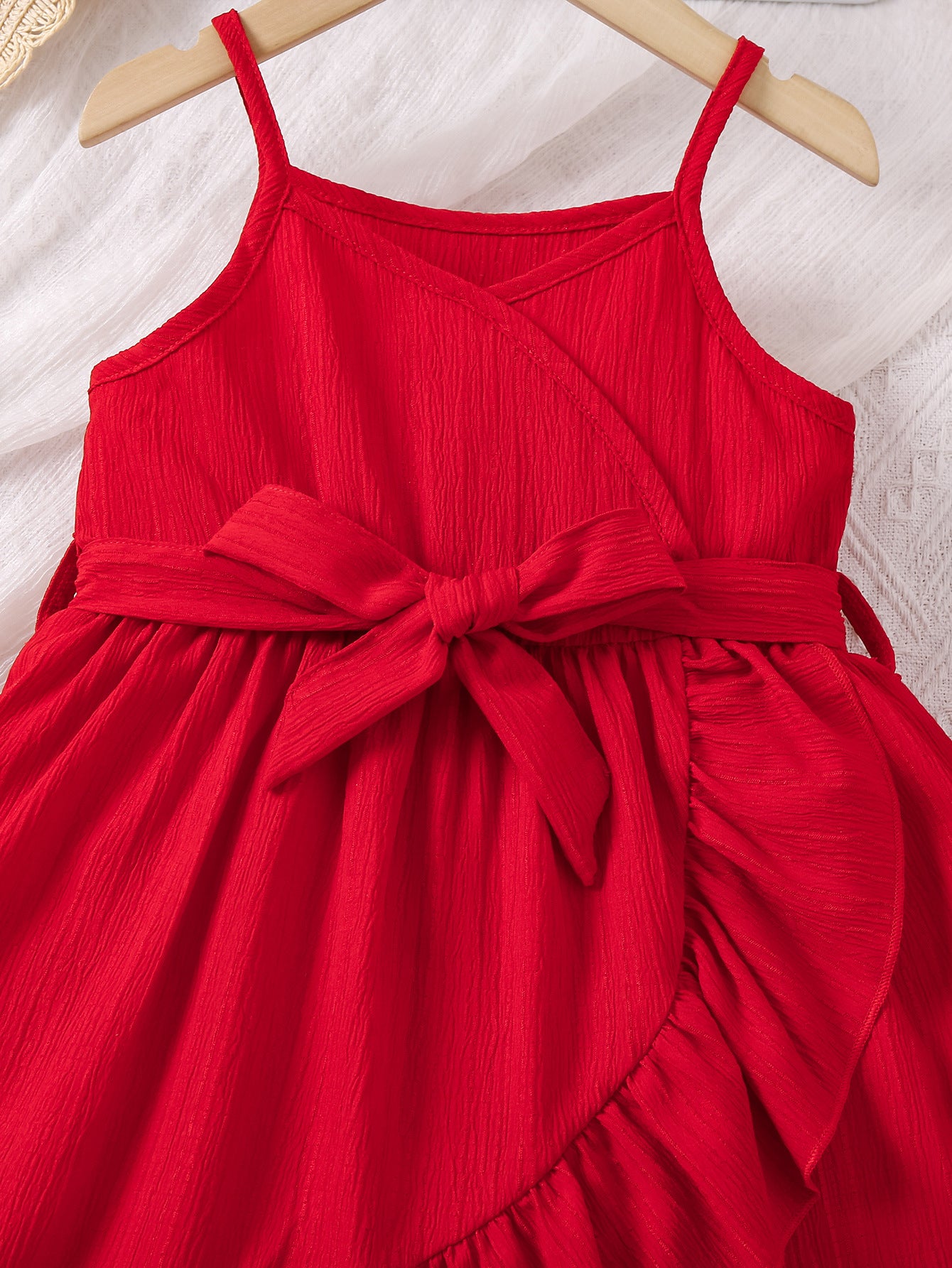 Girl Red Shoulder Straps Tie-Ups Wrap Dress