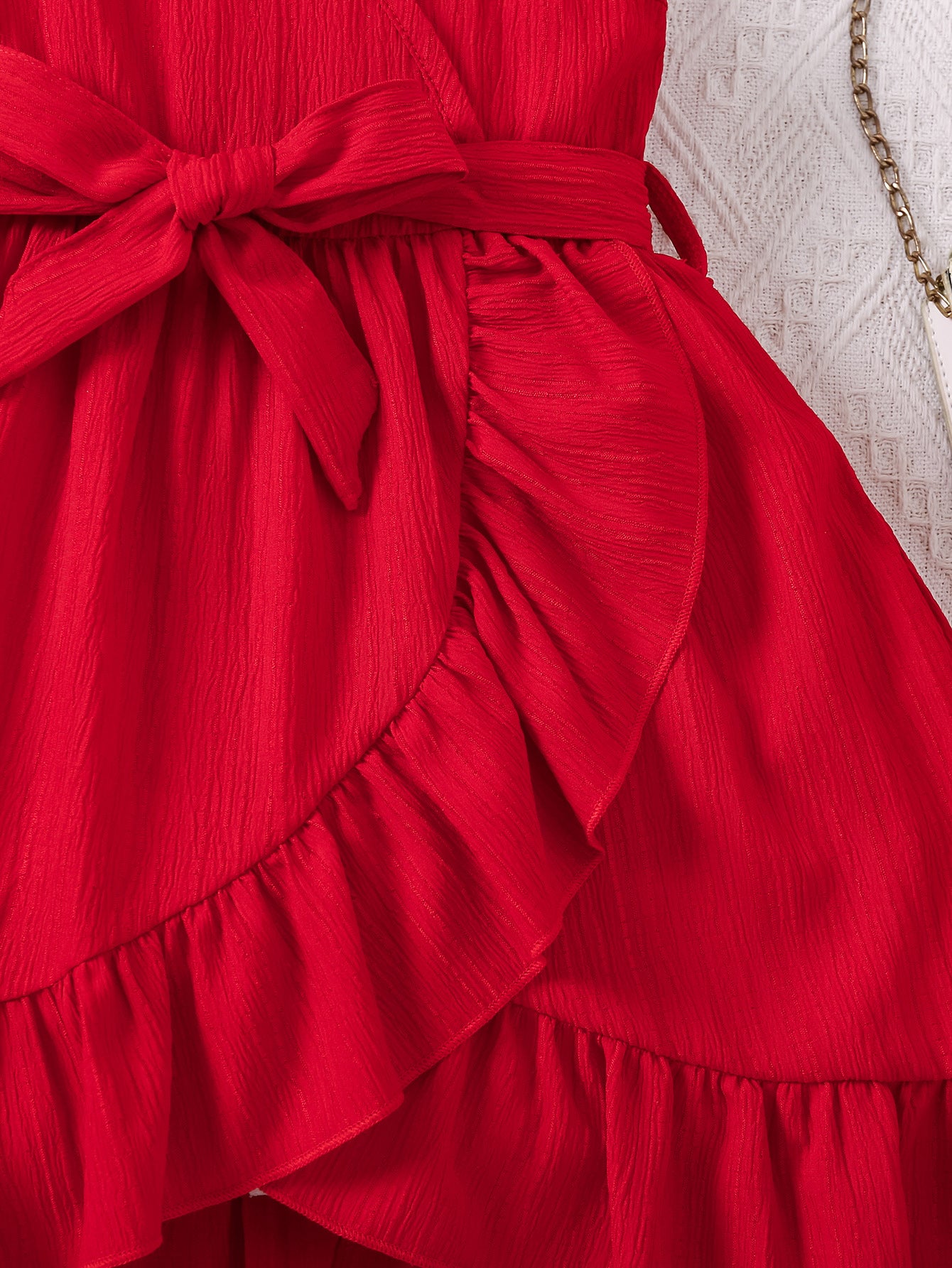 Girl Red Shoulder Straps Tie-Ups Wrap Dress