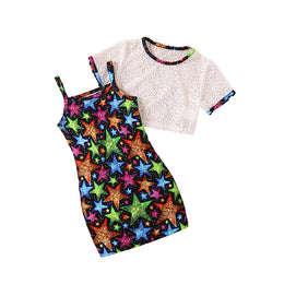 Girls White & Blue Printed Top with Skirt