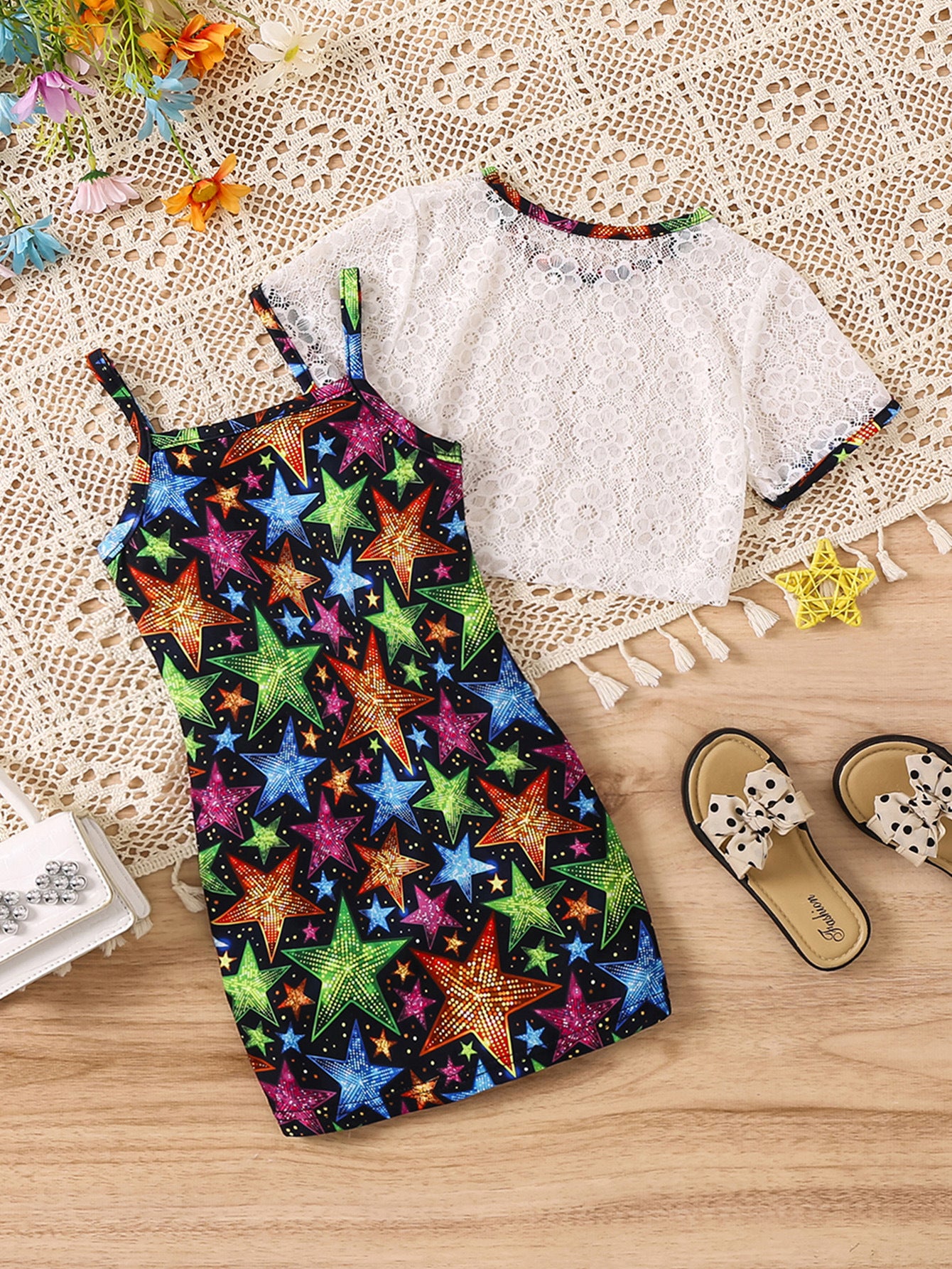 Girls White & Blue Printed Top with Skirt