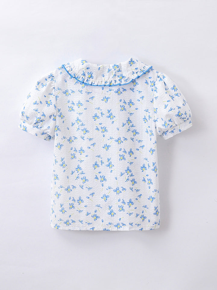 Girls Floral Printed Peter Pan Collar Casual Shirt