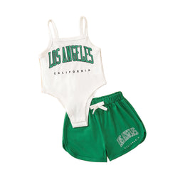 Girls White & Green Printed Shoulder Straps Top with Shorts