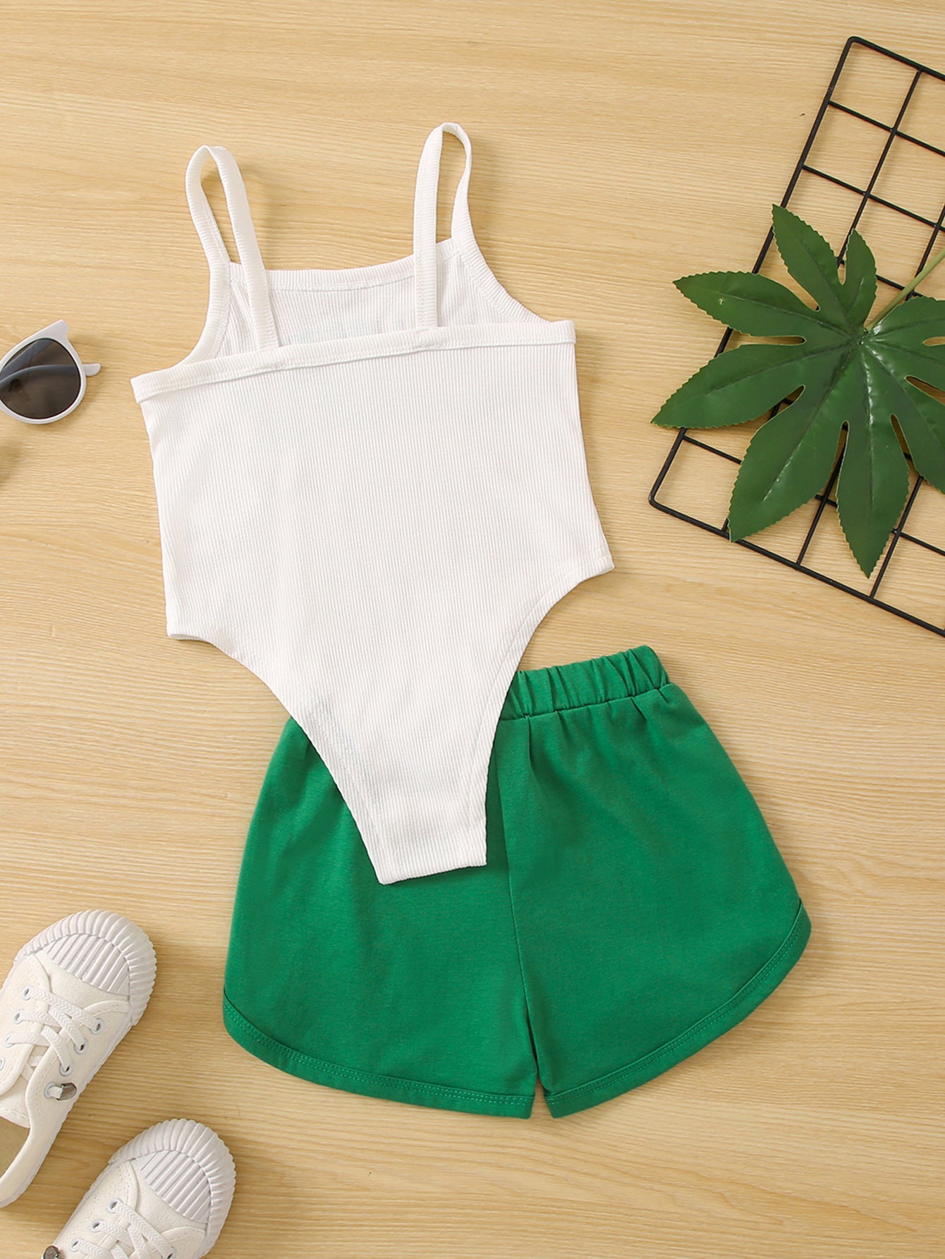 Girls White & Green Printed Shoulder Straps Top with Shorts