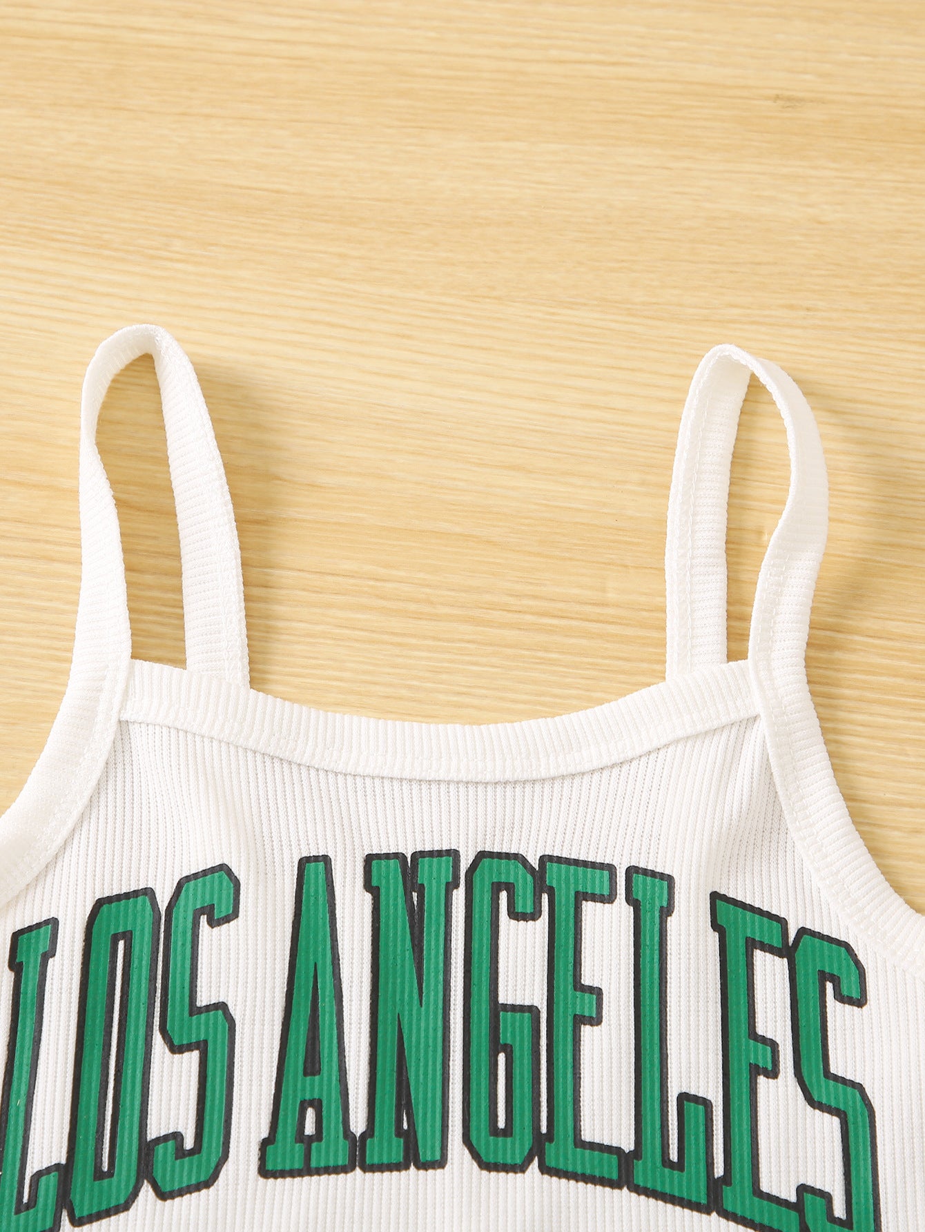 Girls White & Green Printed Shoulder Straps Top with Shorts