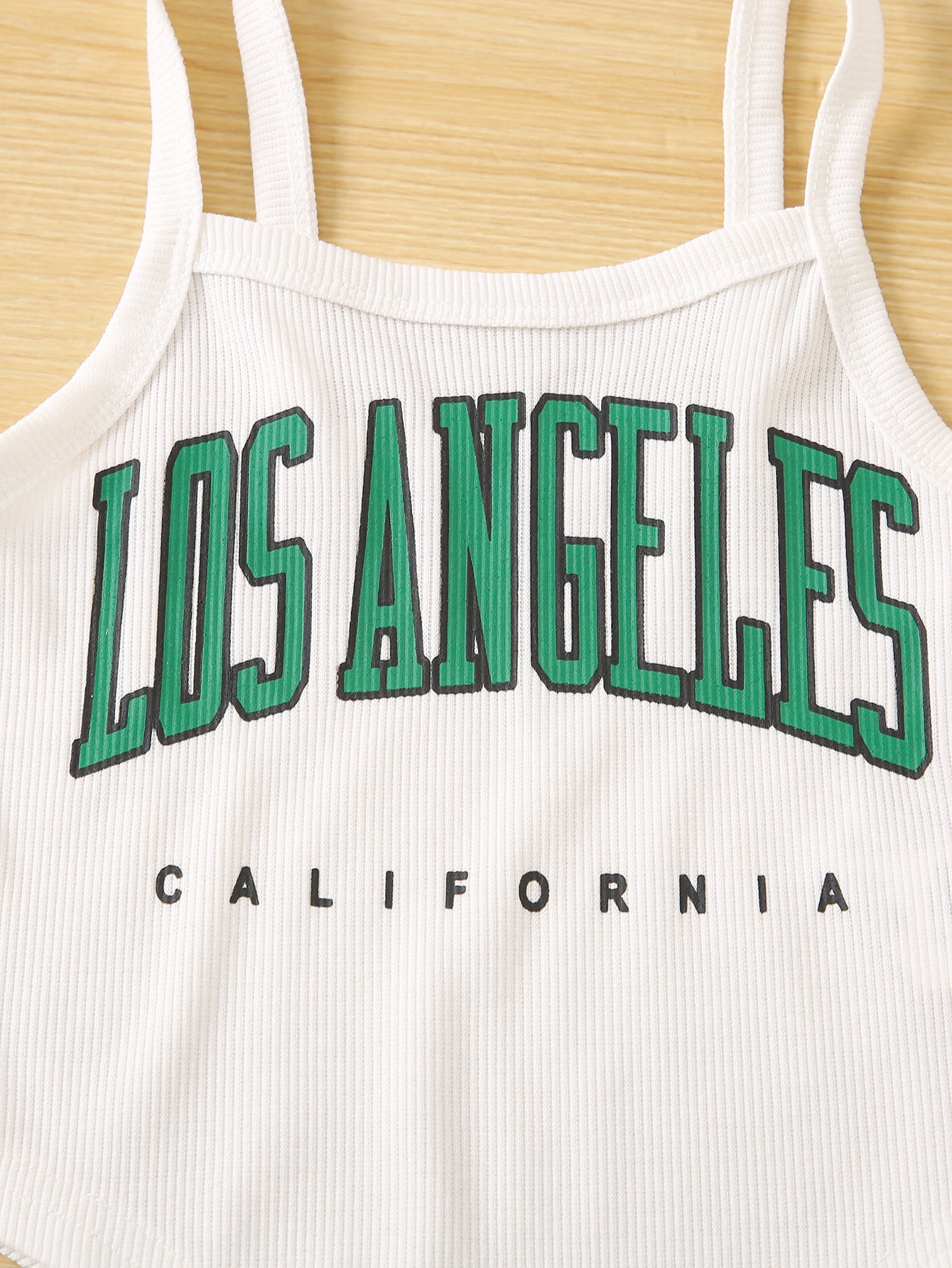 Girls White & Green Printed Shoulder Straps Top with Shorts