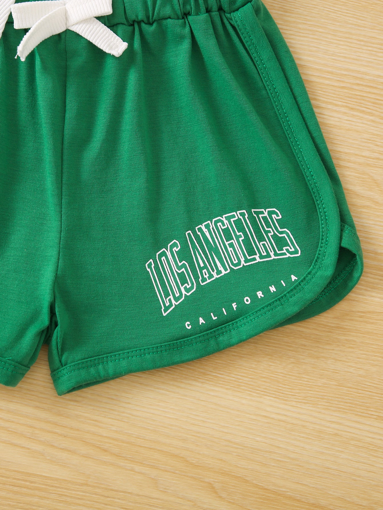 Girls White & Green Printed Shoulder Straps Top with Shorts