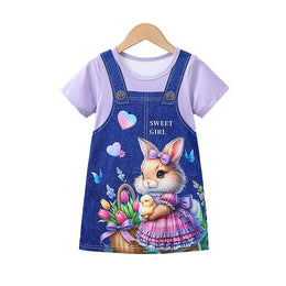 Girls Purple & White Graphic Printed Pinafore Dress