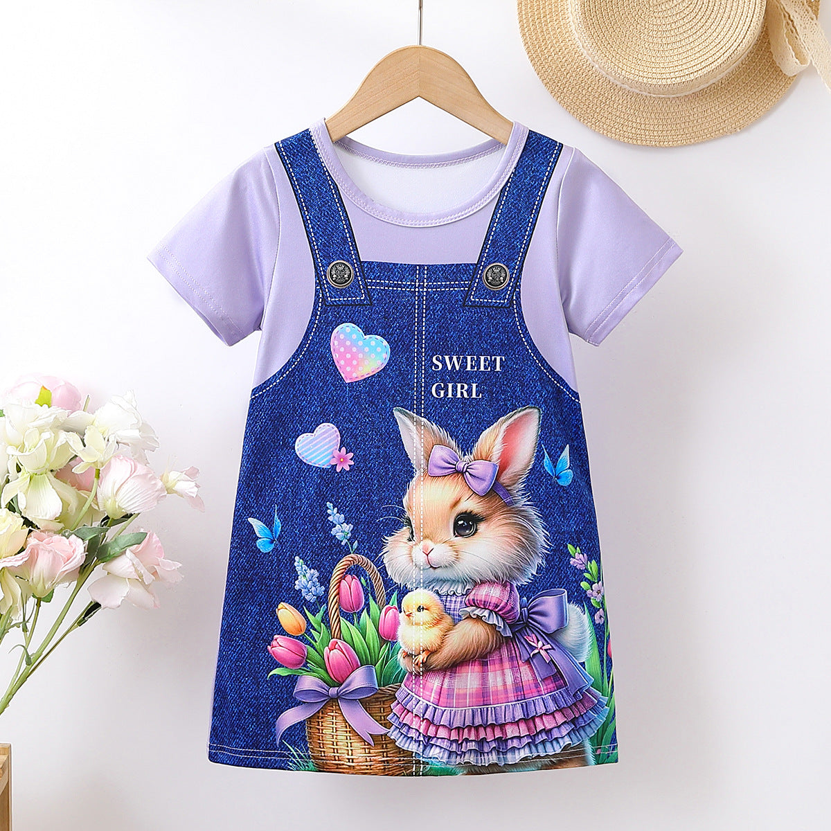 Girls Purple & White Graphic Printed Pinafore Dress