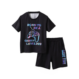 Boys Black & Blue Typography Printed T-shirt with Shorts
