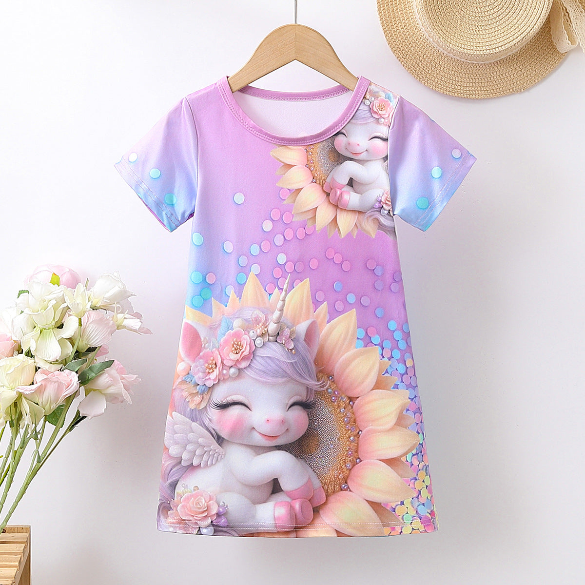 Girls Purple & White Graphic Print T-shirt Mini Dress