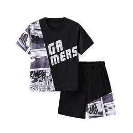 Boys Black & White Printed T-shirt with Shorts