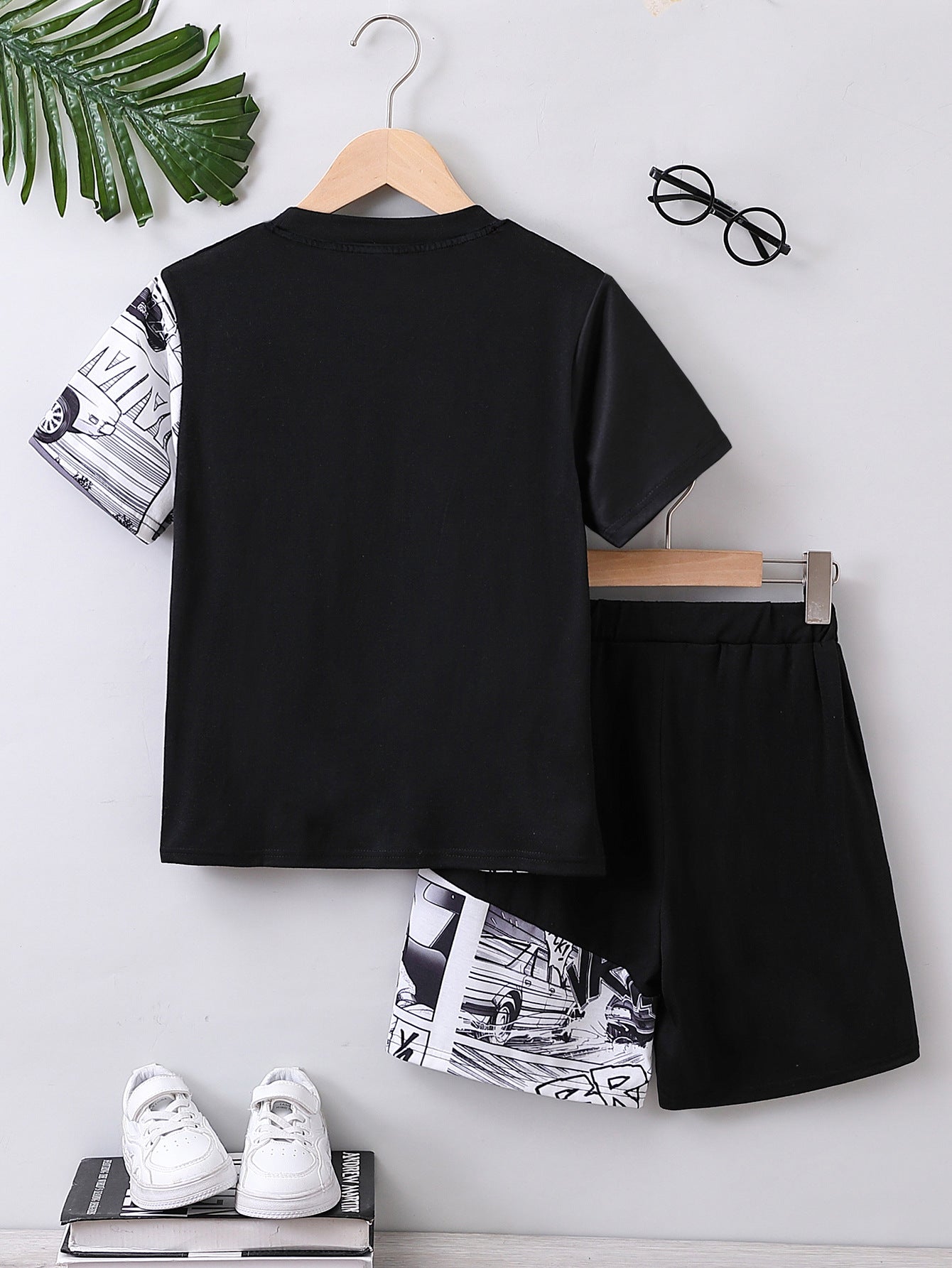 Boys Black & White Printed T-shirt with Shorts
