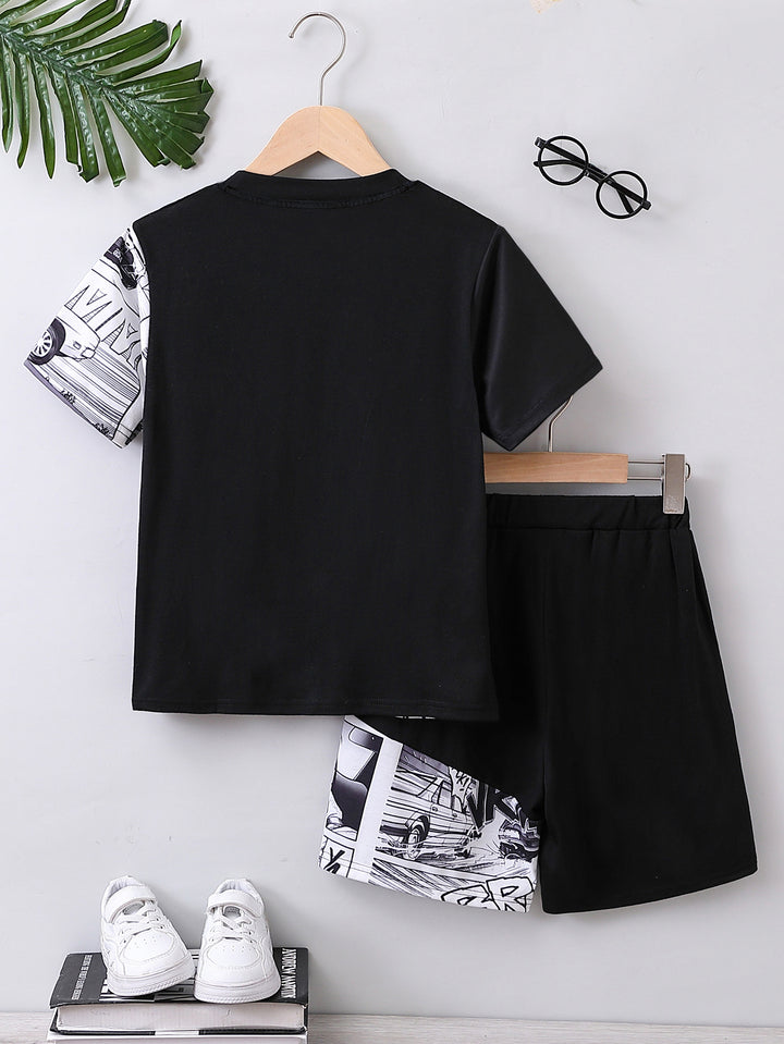 Boys Black & White Printed T-shirt with Shorts