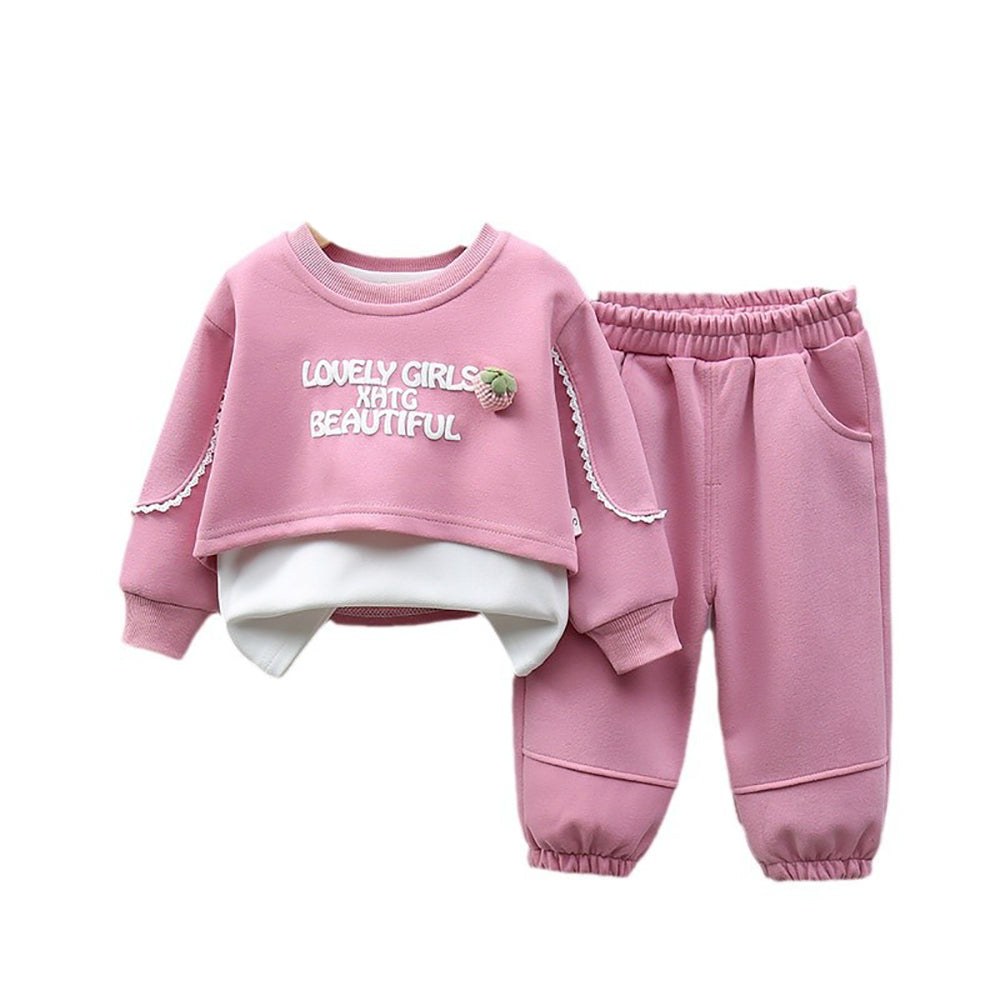 Girls Printed Round Neck Sweatshirt With Jogger