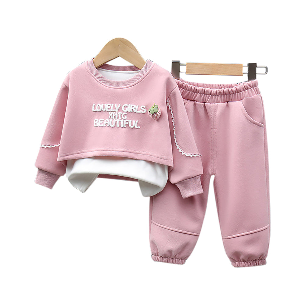 Girls Printed Round Neck Sweatshirt With Joggers