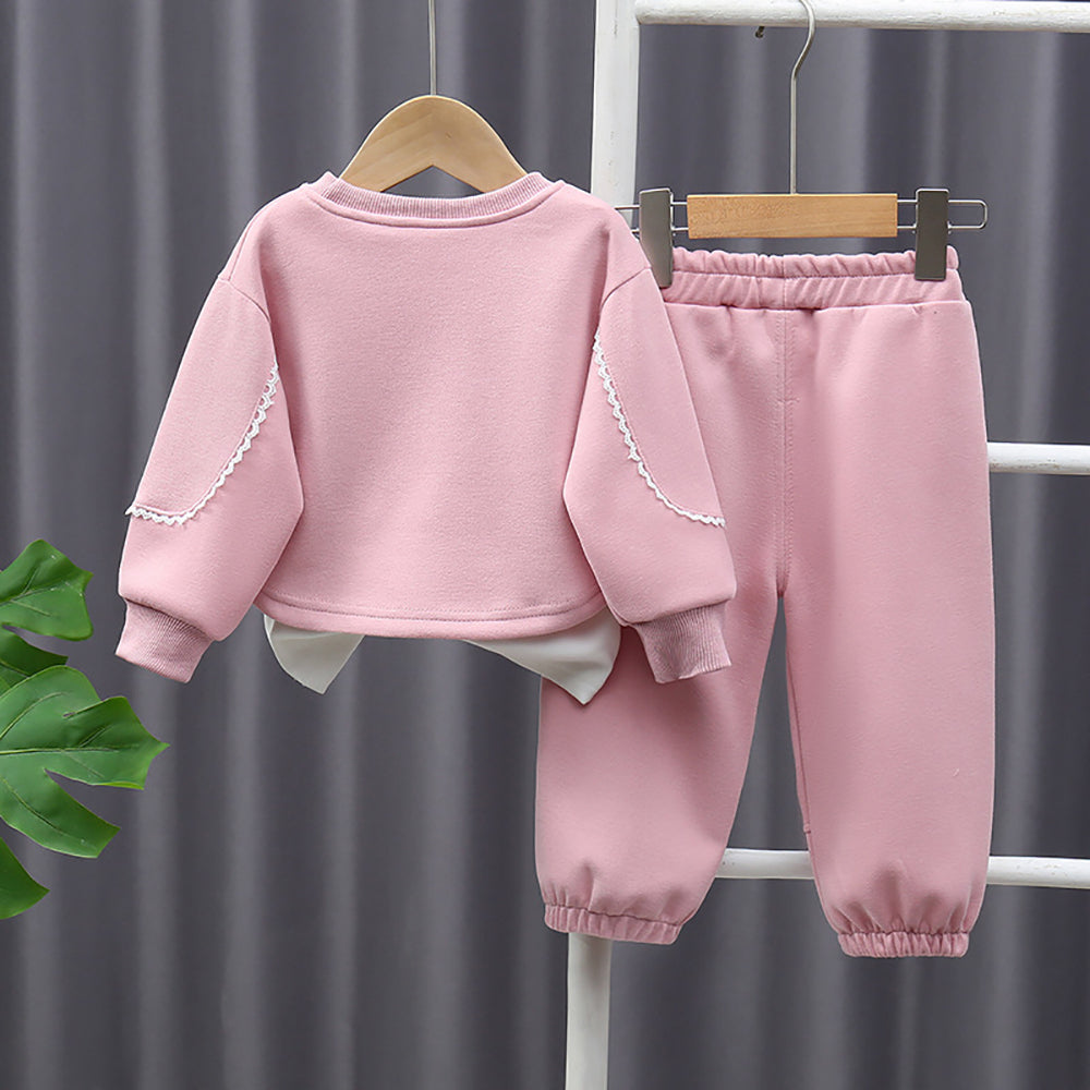 Girls Printed Round Neck Sweatshirt With Joggers