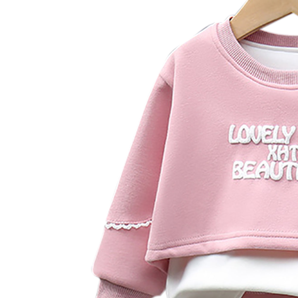 Girls Printed Round Neck Sweatshirt With Joggers