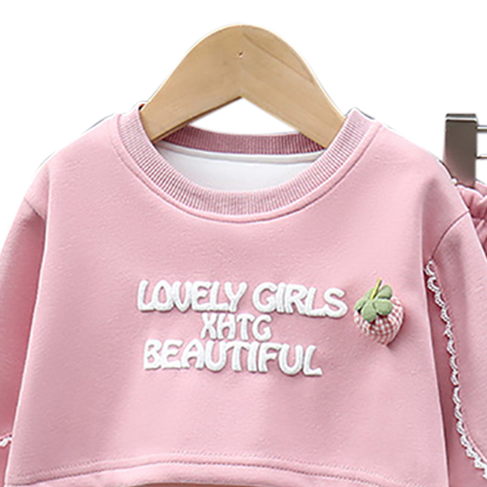 Girls Printed Round Neck Sweatshirt With Joggers